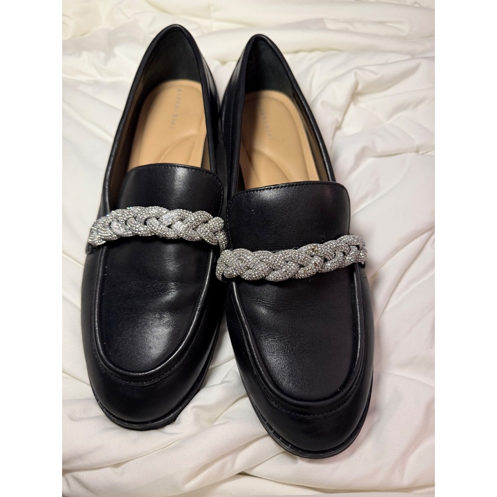 Gianni Bini Black Leather Rhinestone Braided Chain Loafers Womens Size 9M